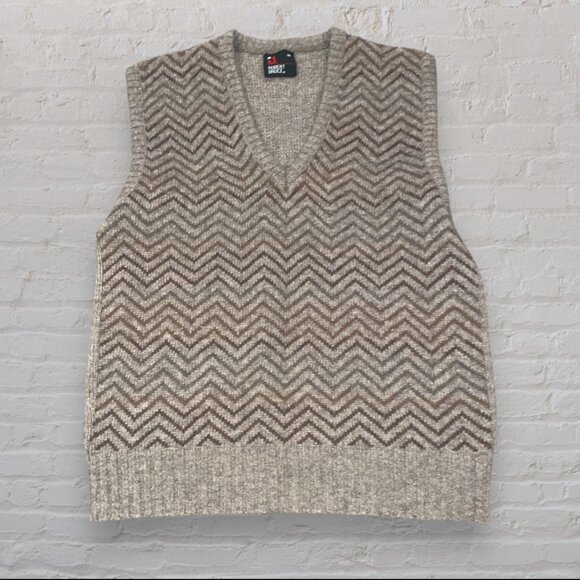 Vintage 80s Robert Bruce Tan Chevron Wool Sweater Vest - Men's Size Medium - Picture 1 of 4